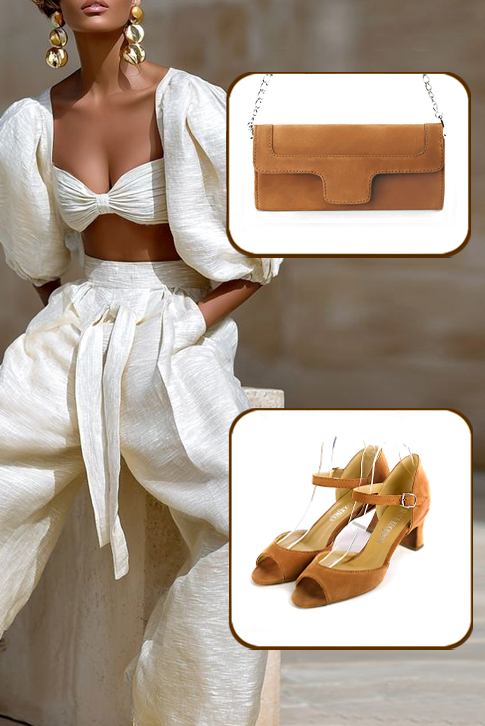 Women's camel beige elegant sandals with instep strap. Square toe. Medium spool heels - Worn view